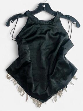 Satin Black Halter Camisole with Silver Fringe